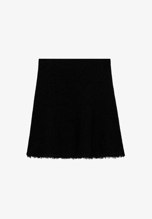 Black flared skirt made of textured fabric, featuring a frayed hem. Simple design with no additional patterns or hardware details.