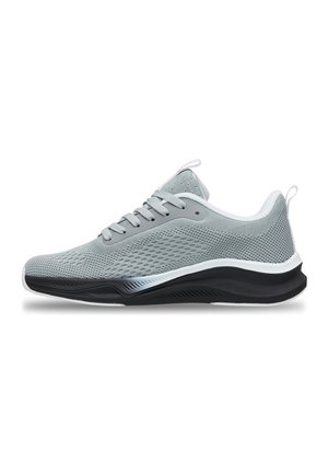 Hellgrauer Sportschuh mit Mesh-Obermaterial, weiß gepolstertem Kragen, schwarz-weißer Sohle und Schnürverschluss, Seitenansicht.