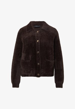 Braune, flauschige Jacke mit Kragen, vorne mit Knopfverschluss und zwei Seitentaschen. Das strukturierte Material sorgt für ein weiches Aussehen.