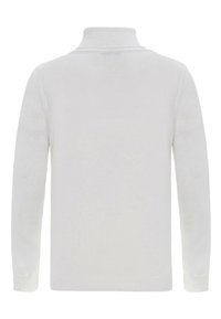 Pull en tricot blanc avec un col montant, des manches longues, et des poignets et ourlet côtelés. Texture lisse, détails minimalistes, et sans motifs visibles.