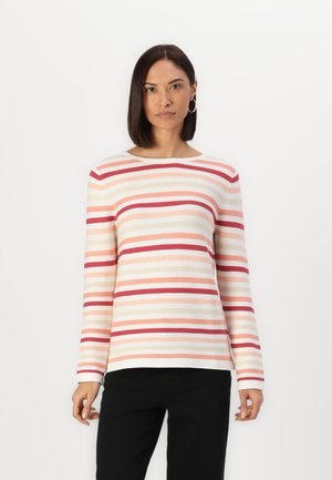 Long-sleeve striped top featuring horizontal lines in red, peach, and cream, made of ribbed fabric with a round neckline.
