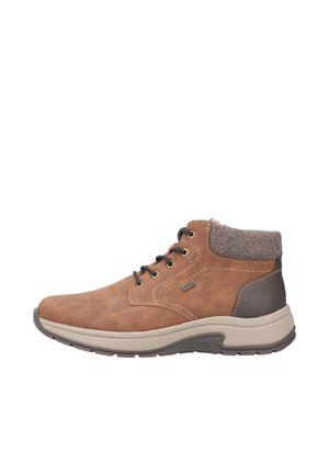 Bottes chelsea en cuir marron avec un col en tricot marron texturé, accents gris foncé, bout rond, design à lacets et semelle rembourrée beige.