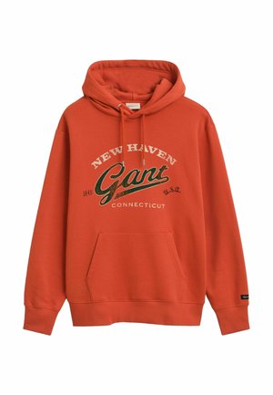 Orange cotton hoodie with a front pocket, drawstring hood, and printed text featuring "NEW HAVEN," "Gant," and "Connecticut."