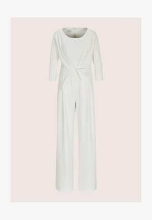 Weißer Jumpsuit mit rundem Ausschnitt, langen Ärmeln, einem Knoten-Detail an der Taille und weitem Bein, ausgestattet mit glatter Stoffstruktur.