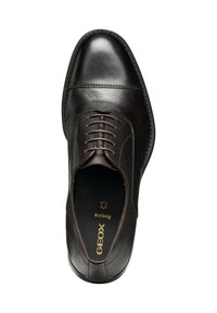 Chaussure habillée en cuir marron avec une finition lisse, bout arrondi et six œillets. Présente des coutures discrètes et une semelle texturée. Marque visible à l'intérieur.