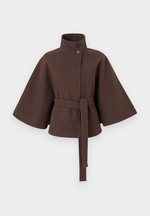 Brown cape-style jacket with wide sleeves, high collar with two buttons, and a matching belt tied at the waist.