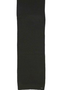 Écharpe tricotée noire avec un motif de tissage ouvert texturé. Présente une petite étiquette de marque à une extrémité. Design léger et polyvalent.