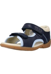 Sandalia de piel azul marino con una correa ajustable, acentos en azul claro, diseño de punta abierta y suela de goma flexible.
