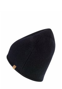 Zwarte beanie muts van gebreid materiaal met een taps toelopend ontwerp. Voorzien van een klein leren merklabel aan de zijkant. Zachte textuur.