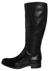 Botte noire en cuir, haute, avec un talon bas, un bout arrondi et une finition lisse, vue de côté.