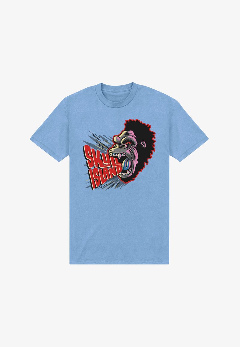 Light blue t-shirt with graphic of roaring gorilla head outlined in red and bold red text saying "Skull Island" coming from its mouth.