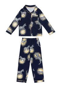 Navy-Blau Schlafanzug-Set mit langen Ärmeln und Hose, mit einem Tiger- und Sonnenmuster sowie gelben Akzenten am Kragen und an den Manschetten.