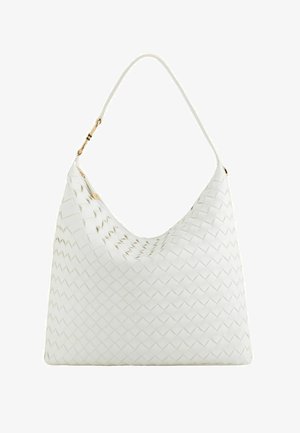White woven bag with a hobo shape, featuring a smooth handle and gold-tone hardware. Detailed with a lattice pattern for texture.