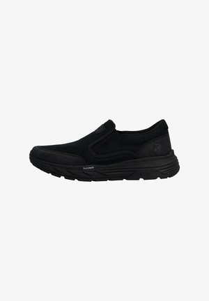 Black slip-on sneaker with mesh upper, cushioned foam sole, and textured outsole, designed for comfort and casual wear.