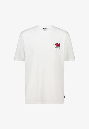 White cotton t-shirt with short sleeves. Features a red embroidered graphic of a dog near the left chest area and a logo below it.