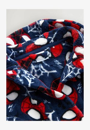 Kozna halja iz flisa s temno modro podlago, na kateri so rdeči in beli obrazi Spider-Mana ter načrti mreže. Mehak texture in živahne, jasne barve.