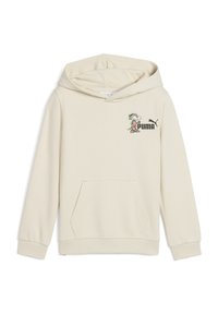 Felpa color crema realizzata in tessuto morbido, con tasca frontale, polsini a coste e un logo grafico con un personaggio sul petto.