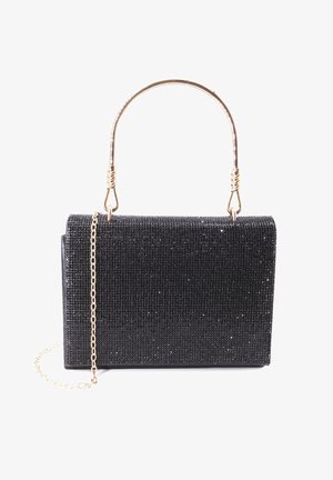 Borsa a mano nera rettangolare con superficie texturizzata, tracolla in metallo a catena e impugnatura curva in metallo. Presenta dettagli scintillanti in tutta la superficie.