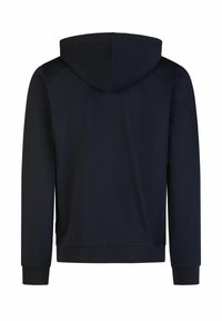 Navyblaue Kapuzenjacke mit weicher Textur, ausgestattet mit einer großen Kapuze, langen Ärmeln und gerippten Bündchen am Saum und an den Ärmeln. Rückansicht gezeigt.