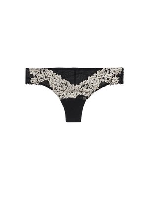 Schwarzer String mit weißer Blumen-Spitze entlang des Bundes und einem transparenten Netz-Rücken.