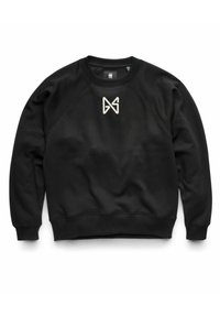 Sudadera negra de cuello redondo con mangas largas y un logo geométrico blanco centrado en el pecho.