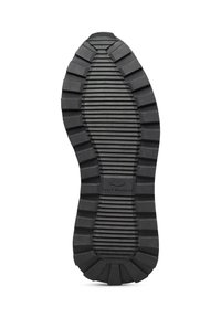 Suola di scarpa nera in gomma con scanalature profonde e rigate per una migliore trazione. Presenta un design testurizzato e il logo del marchio al centro.