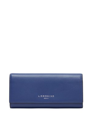 Blue leather wallet with smooth texture, rectangular shape, and embossed logo "LIEBESKIND BERLIN" on the front. Fold-over design with stitching accents.