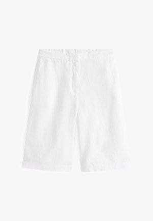 Hvide shorts med lige snit, lavet af letvægtsstof. Har en elastisk talje og ingen synlige lommer eller udsmykninger.