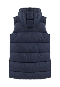 Mörkblå puffväst med huva, med horisontella quiltade sektioner, slät yta och utan ärmar, lämplig för kallare väder.