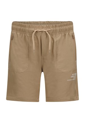 Beige korte broek met een elastische tailleband en trekkoord. Bevat twee zijzakken en een bedrukte logo op de rechteronderzijde. Glad textuur.