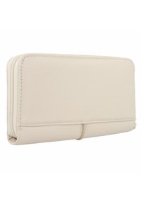 Beige gestructureerde portemonnee met een ritssluiting en een vlakke, rechthoekige vorm. Heeft stiksel langs de randen en een gladde voorkant.