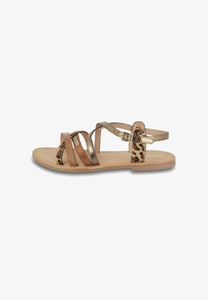 Brown and gold gladiator sandals with animal print accents, featuring multiple straps, a buckle closure, and a flat sole design.