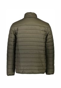 Olivgrön vadderad jacka med quiltat mönster, med hög krage och slät yta. Inga synliga ytterfack.