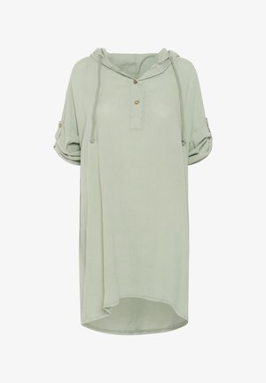 Helles grünes Hoodie-Oberteil mit kurzen Ärmeln, Knopfleiste und verstellbarem Kordelzug. Weicher Stoff und asymmetrisches Saumdesign.