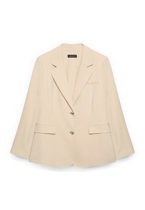 Blazer beige pour femme avec revers crantés, deux boutons à l'avant, poches à rabat et une poche poitrine passepoilée, présenté sur un fond blanc.