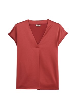 Blusa de manga corta con escote en V profundo en color óxido, fabricada con un tejido liso y ligeramente brillante, y con una etiqueta pequeña en el interior del cuello que dice "oltre."