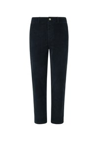 Men's dark navy corduroy straight-leg trousers with belt loops, front button, and zip fastening.