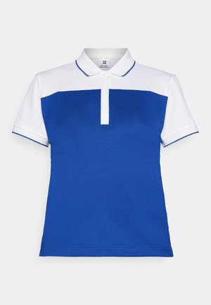 Blå og hvit polo skjorte med en strukturert blå kropp, hvit øverste del, og en krage med knappestolpe og kontrasterende kant.