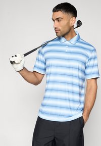 Ανοιχτό μπλε πόλο πουκάμισο με οριζόντιες ρίγες, κοντά μανίκια και γιακά. Το μοντέλο κρατάει ένα μπαστούνι γκολφ και φοράει λευκό γάντι.