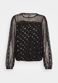 Blusa nera trasparente con maniche lunghe, caratterizzata da un colletto arricciato e da un motivo di pois metallici sparsi. Orlo elasticizzato per uno stile aderente.