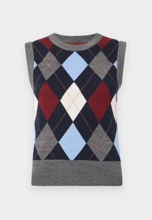 Sleeveless sweater featuring an argyle pattern in navy, maroon, light blue, gray, and white. Knit texture with a ribbed gray neckline and bottom hem.