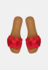 Καφέ επίπεδα σανδάλια με κόκκινα διακοσμητικά λουλούδια στα λουριά, τετράγωνα δάχτυλα και το λογότυπο "ANNA FIELD" τυπωμένο στις σόλες.