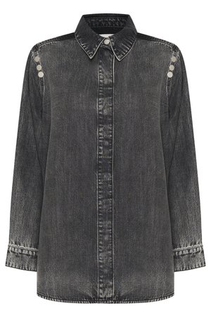 Camicia in denim nero con colletto, maniche lunghe e dettagli con bottoni argentati sulle spalle. Presenta un sottile motivo testurizzato e cuciture a contrasto.