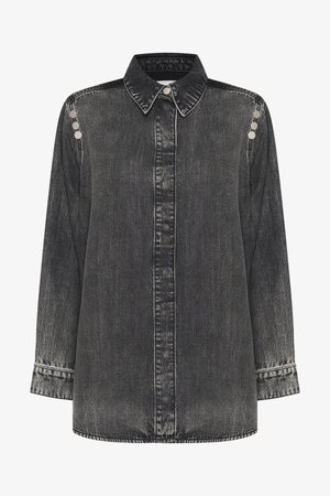 Camicia in denim nero con colletto, maniche lunghe e dettagli con bottoni argentati sulle spalle. Presenta un sottile motivo testurizzato e cuciture a contrasto.