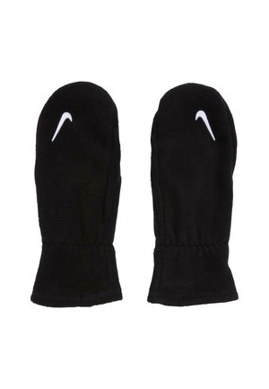 Muffole in pile nere con polsini elasticizzati, dotate di un logo Nike bianco sul davanti. La texture morbida e la forma arrotondata aumentano il calore.