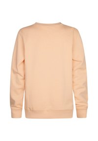 Sweat-shirt pêche clair avec un col rond, des manches longues et des poignets côtelés. Tissu doux avec une texture lisse, sans motifs ni accents visibles.