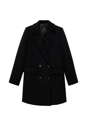 Black double-breasted coat with a notched collar, button accents, and two front pockets, made from a textured fabric.