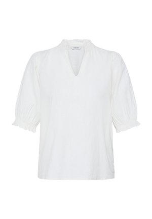 Valge pluus V-kaelusega lõhiku, volangilise krae ja kolmveeranditepikkuste volangiliste varrukatega, millel on elastsed volangilised mansetid.