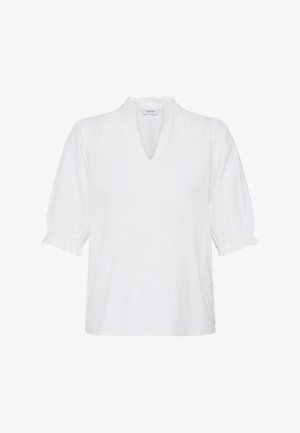 Valge pluus V-kaelusega lõhiku, volangilise krae ja kolmveeranditepikkuste volangiliste varrukatega, millel on elastsed volangilised mansetid.