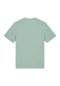 Mintgroene t-shirt met korte mouwen en een ronde hals. Zachte, gladde textuur en een relaxte pasvorm. Geen zichtbare patronen of graphics op de achterkant.